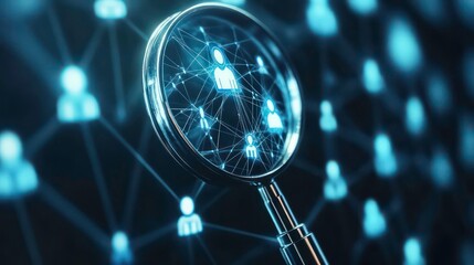 Poster - Illustration shows human resource management concept with magnifying glass focused on manager icon. Network of staff icons representing human development recruitment leadership, customer target.