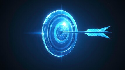 Poster - blue bullseye target with an arrow symbolizing accuracy, precision, goal achievement, and success, i