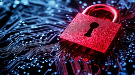 Poster - Abstract digital illustration of a red security padlock on a microchip, symbolizing cybersecurity, data protection, and technology in the modern world