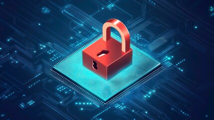 Poster - Abstract digital illustration of a red security padlock on a microchip, symbolizing cybersecurity, data protection, and technology in the modern world