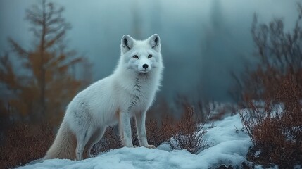 Wall Mural - Wild arctic fox standing in snowy tundra landscape
