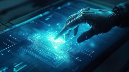Poster - Futuristic robotic hand touching a glowing geometric hologram on a digital interface, symbolizing technology, AI, and innovation