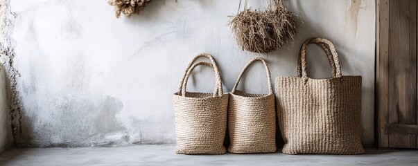 Aufkleber - Three handmade straw bags leaning against wall in rustic interior design