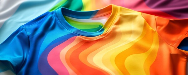 Poster - Colorful t-shirt with rainbow pattern on table showing trendy fashion design