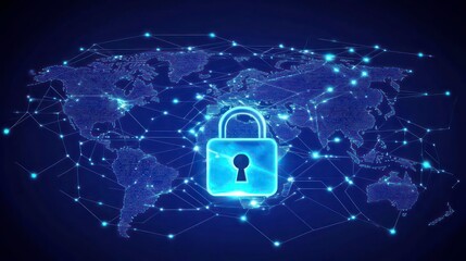Poster - Cybersecurity concept with a digital lock, glowing network connections, and futuristic world map, symbolizing data protection and safety.