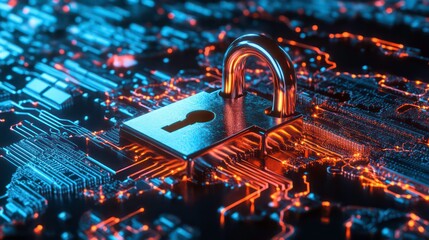 Poster - Cybersecurity concept with a digital lock, glowing network connections, and futuristic world map, symbolizing data protection and safety.