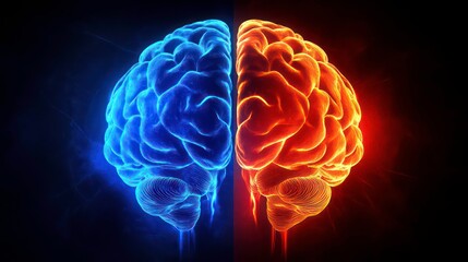 Poster - Vibrant conceptual illustration of a human brain in two distinct colors symbolizing left and right brain functions for science and creativity