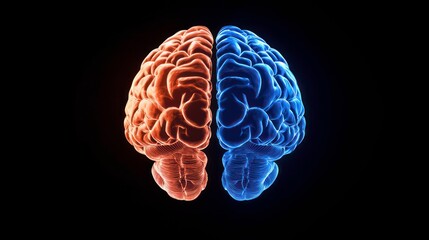 Poster - Vibrant conceptual illustration of a human brain in two distinct colors symbolizing left and right brain functions for science and creativity
