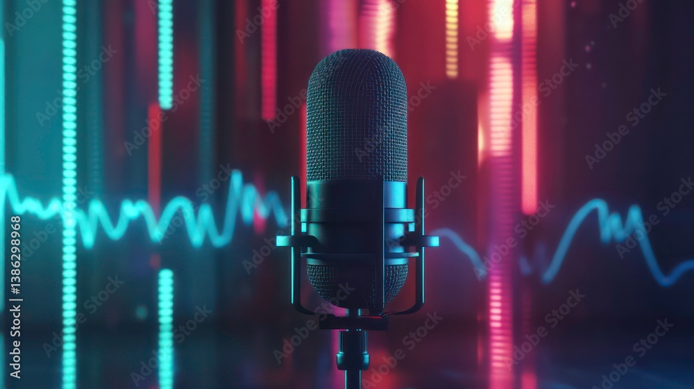 Professional podcast microphone with soundwave visualization in the ...