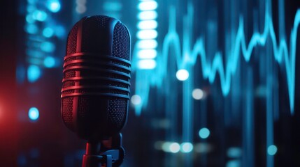 Wall Mural - professional podcast microphone with soundwave visualization in the background, representing audio p