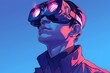 © Maryna - Man wearing a pair of virtual reality goggles. The goggles are pink and purple. The man is looking up at the sky