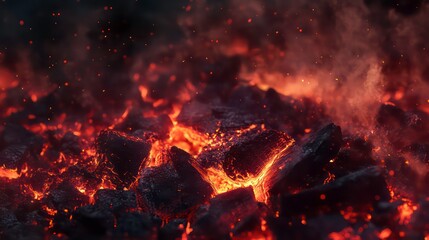 Wall Mural - close-up of glowing hot coals with red and orange embers in a fire pit, perfect for backgrounds, tex