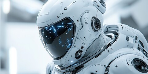 Leinwandbilder - A futuristic humanoid robot in a sleek white spacesuit stands silently against a plain backdrop, showcasing advanced technology and human-like features in a modern display