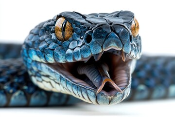 Aufkleber - Colorful snake with striking blue and orange scales displays its tongue in a close-up view against a white background