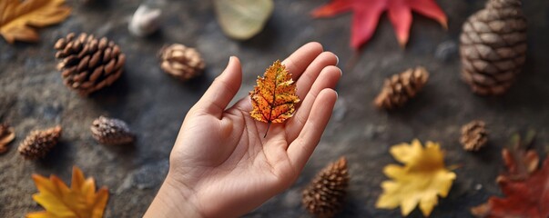 Aufkleber - Woman holding autumn leaf with pine cones and colorful leaves around