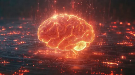 Poster - futuristic glowing human brain on a digital circuit background representing artificial intelligence,