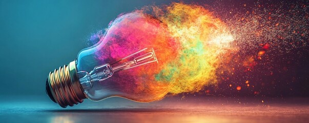 Leinwandbilder - Light bulb exploding with colorful creative energy