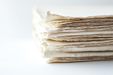 Fototapete - Handmade paper sheets stacked neatly on a white surface, showcasing their unique texture and natural materials for crafting and artisanal projects