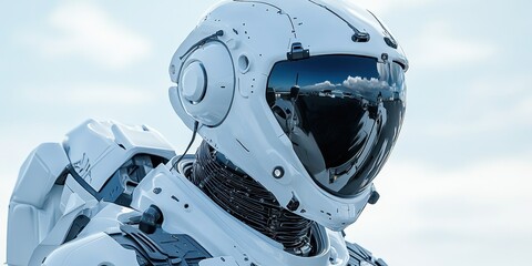 Leinwandbilder - A futuristic humanoid robot in a sleek white spacesuit stands silently against a plain backdrop, showcasing advanced technology and human-like features in a modern display