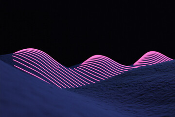 Poster - Neon Waveform Symphony: An abstract artistic visualization of neon-lit waves against a backdrop of cosmic darkness. The image creates a visual symphony, the illuminated waveforms dance and undulate.