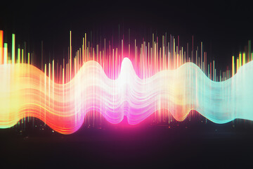 Poster - Vibrant sound wave visualization: Dynamic sound waves pulsate with vibrant hues of light, creating a captivating visual representation of audio frequencies and energetic sound.