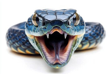 Aufkleber - Colorful snake with striking blue and orange scales displays its tongue in a close-up view against a white background