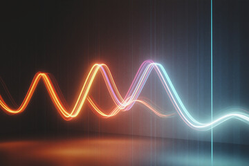 Poster - Harmonic Resonance: Dynamic waves of vibrant light dance across a polished surface, illuminating a cutting-edge display of scientific exploration and digital artistry. 