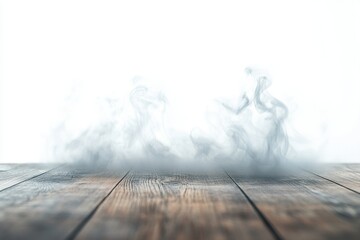 Fototapete - Swirling fog above a wooden surface creates a serene atmosphere in a cozy indoor setting during early morning light