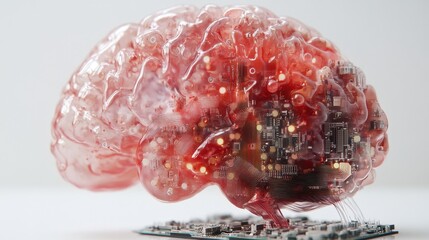 Poster - human-like brain formed from electronic circuits and artificial components sits atop a circuit board