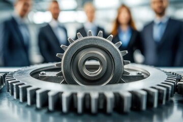 Aufkleber - Mechanical gear in focus with blurred background of business professionals engaged in conversation