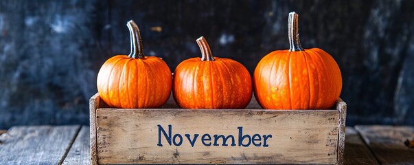 Poster - Three pumpkins in wooden crate for november festivities decoration