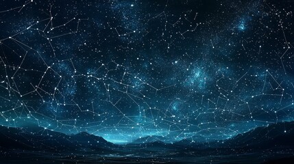 Wall Mural - starry night sky with constellations over mountainous landscape
