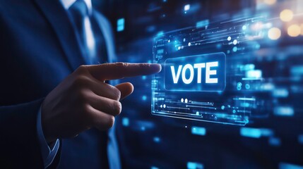 Poster - A person in a suit presses a digital holographic 