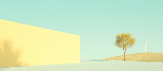 Poster - Minimalist Landscape: An artistic composition featuring a solitary tree and a minimalist yellow wall against a soft blue sky, evokes a sense of peace and contemplation in a serene environment.