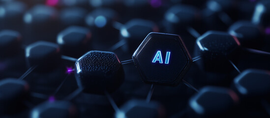 Poster - AI Technology: A striking close-up reveals a sophisticated artificial intelligence network with an 
