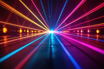 Poster - Colorful light rays illuminate a dark space, creating an energetic atmosphere during a night event with vibrant hues in blue, pink, and orange