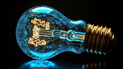 Poster - A glowing blue lightbulb, digitally rendered, symbolizes innovation and technological advancement. Intricate network patterns surround it, suggesting connectivity and complex systems.