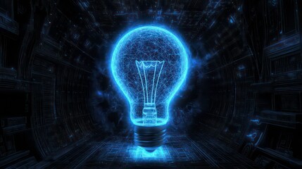Poster - a glowing blue lightbulb, digitally rendered, symbolizes innovation and technological advancement. i