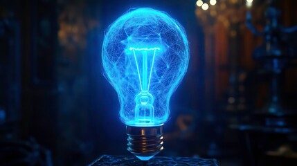 Poster - a glowing blue lightbulb, digitally rendered, symbolizes innovation and technological advancement. i