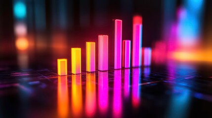 Poster - neon glowing bar graph rising on a dark reflective surface, suggesting growth and progress in techno