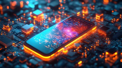Poster - A smartphone rests on a glowing circuit board, surrounded by a network of interconnected digital icons, illustrating the concept of mobile connectivity and data security.