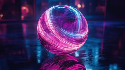 Poster - a luminous sphere with swirling pink and blue neon lines is reflected on a dark, glossy surface. abs