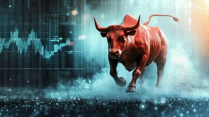 Poster - A powerful red bull charges forward, dust flying, against a backdrop of dynamic stock market graphs, symbolizing financial growth and market trends.