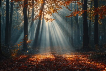 Poster - Sunlight filters through trees creating a tranquil atmosphere over fallen leaves in a serene forest during autumn