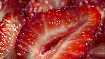 Aufkleber - Delectable Strawberry Slices: A macro shot showcases the vibrant texture and juicy interior of freshly sliced strawberries. The close-up view highlights the fruit's natural beauty.