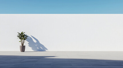 Poster - Solitary Plant and Wall: A serene composition featuring a singular potted plant casts a dramatic shadow against a minimalist, clean, stark wall with a bright blue sky.