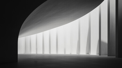 Poster - Architectural Rhythm: A minimalist interior scene, where the play of light and shadow accentuates the curved lines and textured surfaces of the architecture. The contrast between light and dark.