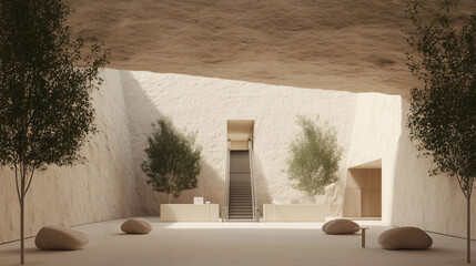 Poster - Serene Courtyard: A tranquil courtyard bathed in soft, natural light, featuring textured walls, meticulously arranged plants, and smooth, organic stones.
