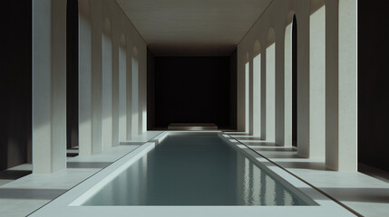 Poster - Architectural Serenity: A long, minimalist corridor featuring a still water pool, enhanced by natural light and clean lines, creating a scene of calm and sophisticated design.