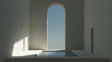 Poster - Architectural Oasis: A tranquil architectural scene bathed in soft light, featuring an arched doorway leading to a serene view, with a minimalist design exuding calmness. 
